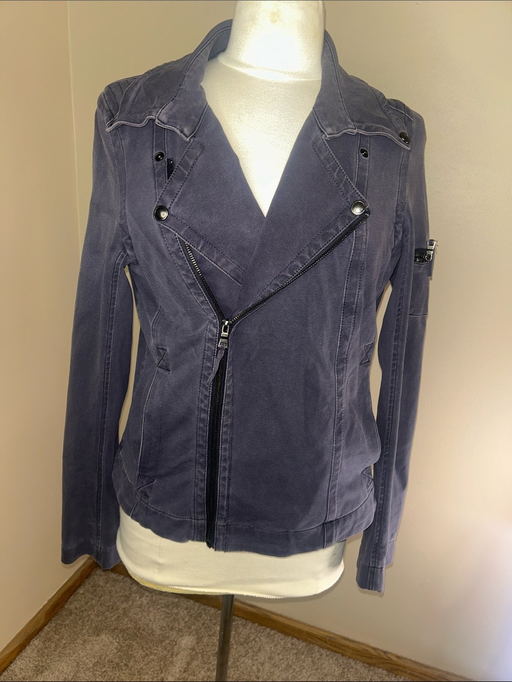 Women's Washed Navy Jean Jacket with Asymmetrical Zip
